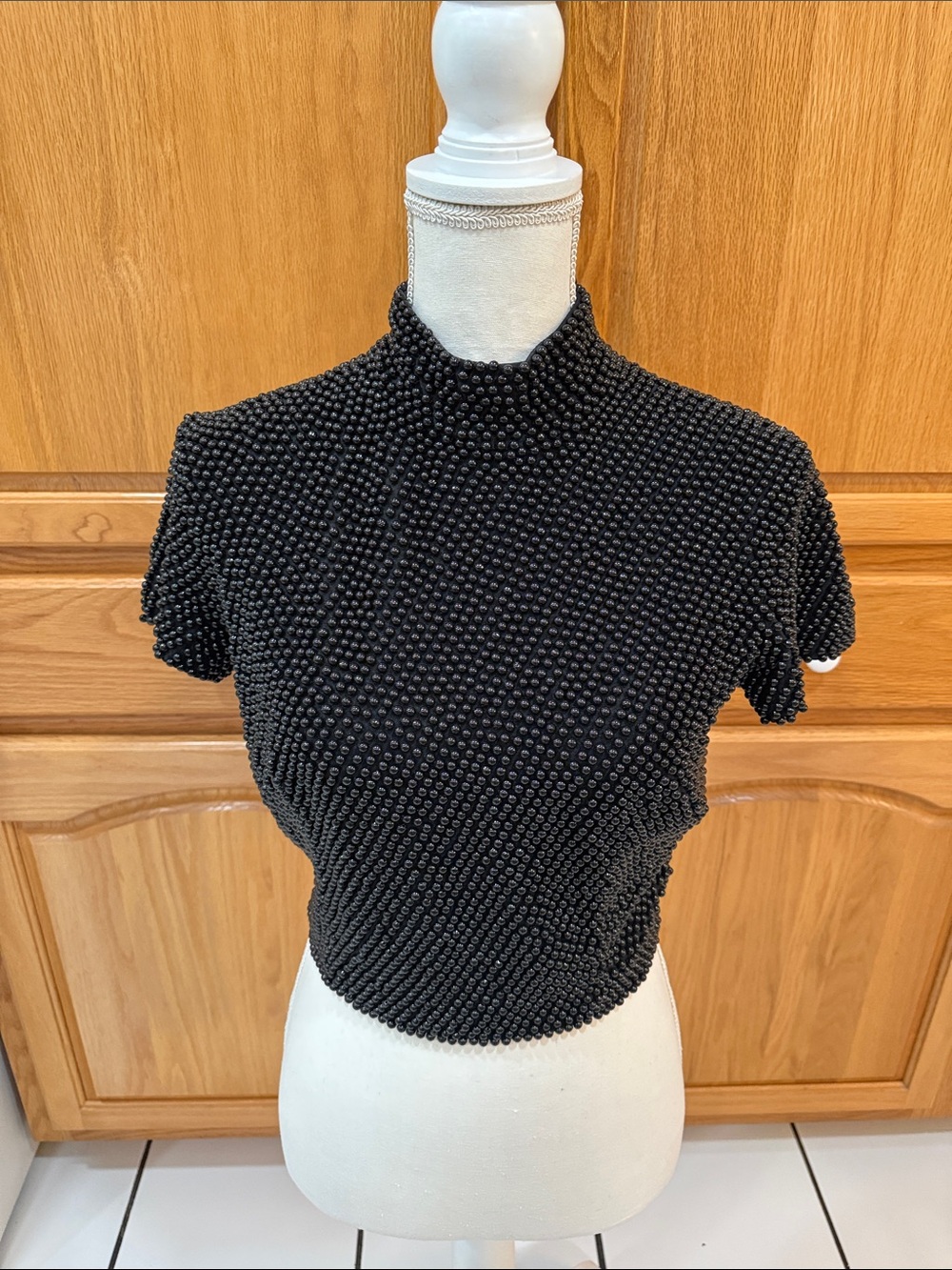 Vintage VIE Victoria Royal Black Fully Beaded Mock Neck Top Hong Kong